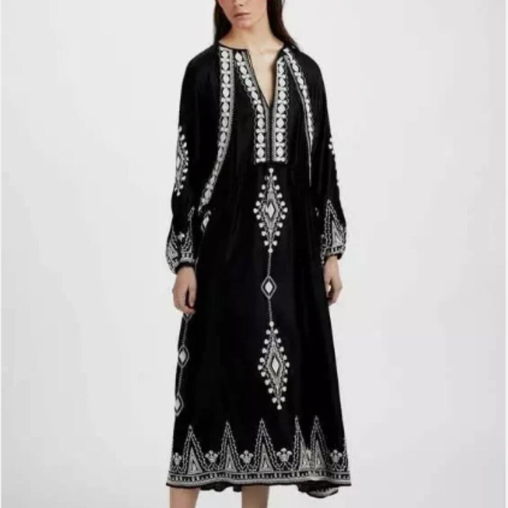 ZARA Black Embroidered Midi Dress M